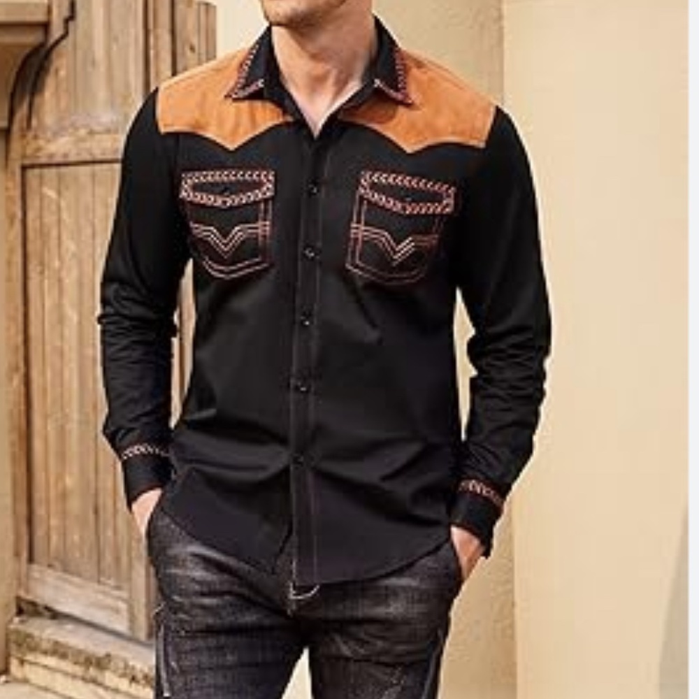 Coofandy NEW Navy Blue Embroidered Western Rodeo Equestrian Cowboy Shirt Size L